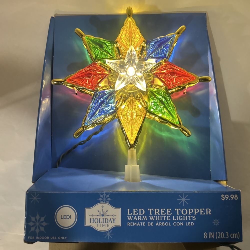 Christmas Vintage Light Up 8 Point Star Tree Topper 8" Retro Rainbow & Gold